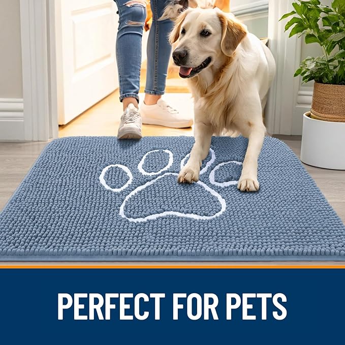 OLANLY Dog Door Mat for Muddy Paws 36x24, Paw Print Design, Absorbs Moisture and Dirt, Non-Slip Washable Doormat, Quick Dry Chenille Mud Mat, Entry Indoor Entryway Carpet, Airy Blue and White