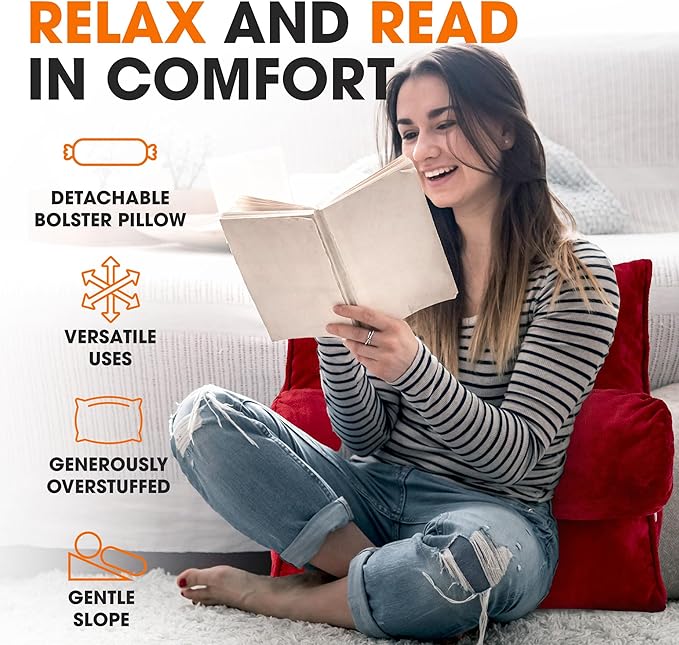 Cheer Collection Reading Wedge Pillow - Adjustable Wedge Reading Pillow with Neck Support, Hollow Fiber-Filled Backrest Pillow for Reading, Gaming, and TV Watching, Maroon