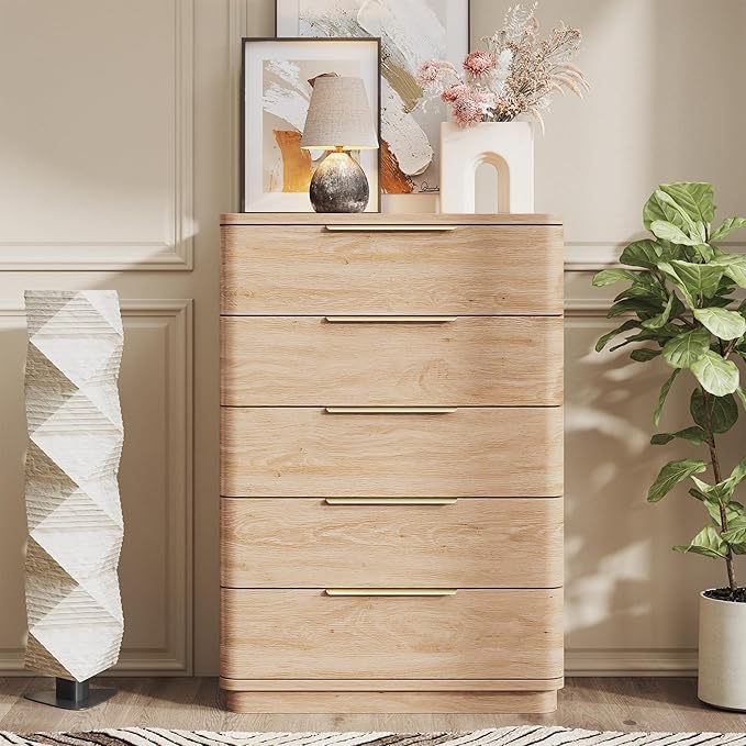 5 Drawer Dresser for Bedroom, 45" Tall Modern Chest of Drawers with Metal Handle, Curved Profile Design, Wooden Closet with Large Drawers Dressers Organizer for Entryway Hallway