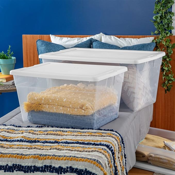 Sterilite 12-Pack 90 Quart Storage Box, Stackable Clear Plastic Bins with Snap-On Lids - Heavy-Duty Organizing Containers for Closet, Bathroom, and Office
