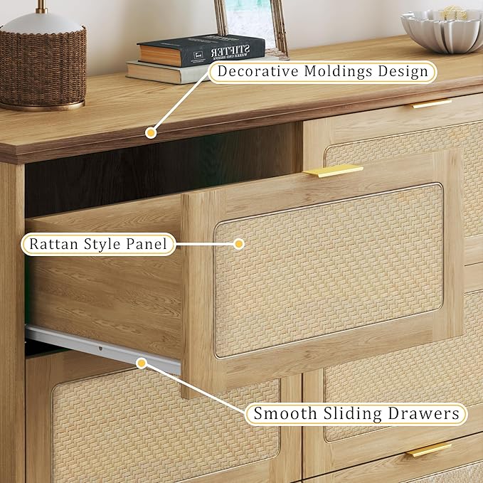 9 Drawer Dresser for Bedroom, 60 Inch Long Dressers & Rattan Chest of Drawers, Large TV Stand for 55, 65, 70 Inch TV, Boho Style, Modern Dresser for, Living Room, Entryway, Bedroom, Natural Oak