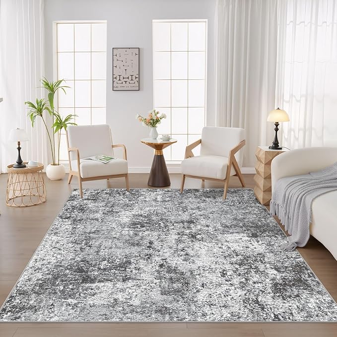 Square Area Rug Living Room Rugs - 8x8 Washable Large Soft Indoor Neutral Modern Abstract Low Pile Rug Carpet for Bedroom Dining Room Farmhouse Home Office - Grey