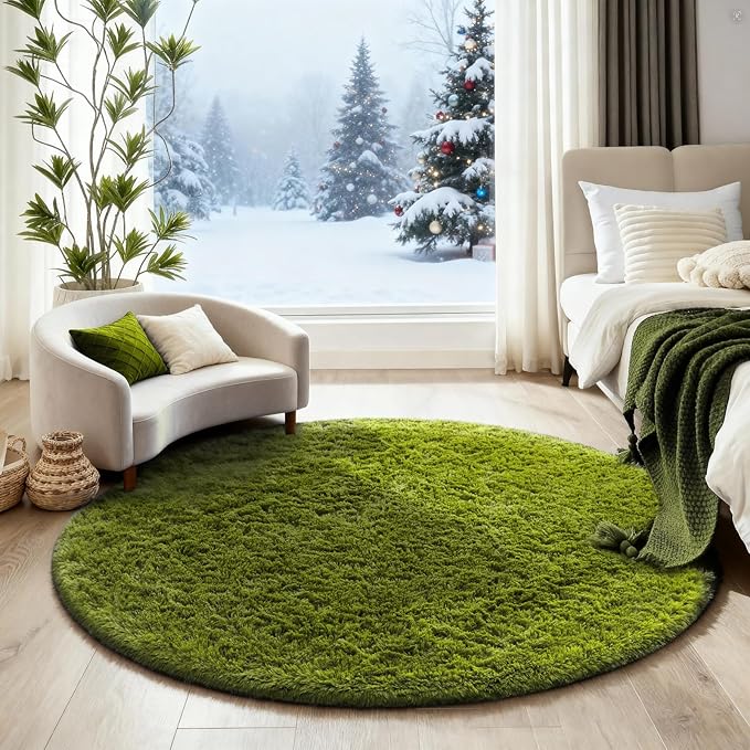 Ophanie Round Rug 4Ft Green Circle Area Rug, Green Room Decor, Fluffy Fuzzy Bedroom Carpet, Plush Soft Shaggy Living Room Rugs for Kids Home Decor Aesthetic, Nursery