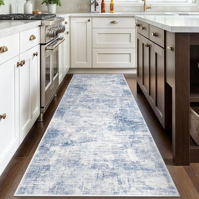 IOHOUZE Abstract Runner Rug 3x8 Ft Washable Runners for Hallways, Non Slip Kitchen Runner Printed Faux Wool Entryway Runner Indoor, Modern Abstract Floor Carpet for Hall Bedroom, Light Blue White