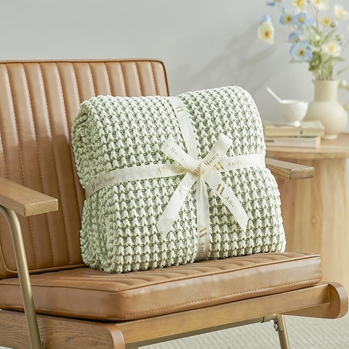 Amélie Home Waffle Chenille Throw Blanket for Couch, Pineapple Stitch Knit Soft Cozy Knit Blanket Decorative Throw for Sofa, Chair, 60 * 80", Sage Green&Ivory