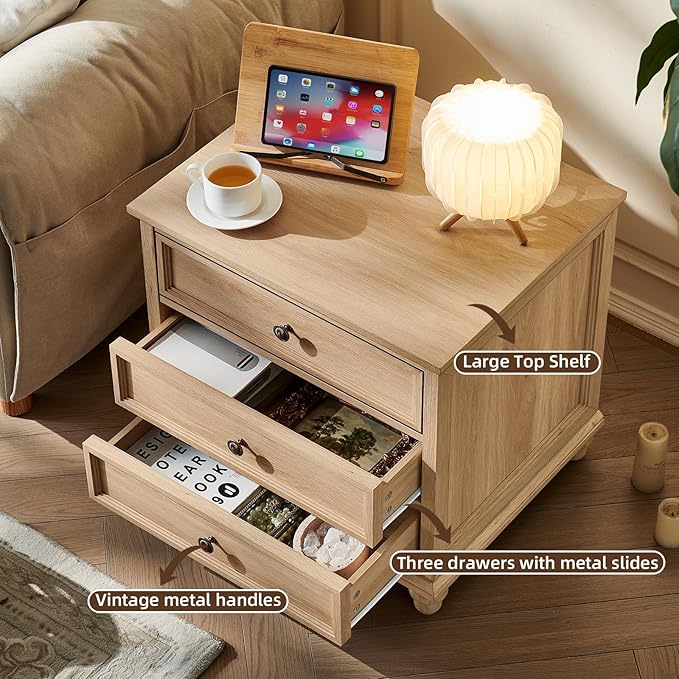 24" Wide Farmhouse Night Stand,Large End Table with 3 Drawers & Metal Handle,Natural Dresser for Bedroom, Bed Side Table Chest of Drawers Cabinet,Wood Nightstand for Living Room,Closet