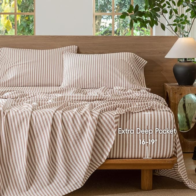 MooMee Striped Fitted Bottom Sheet Only 100% Washed Cotton Linen Like Textured Breathable Durable Soft Comfy Deep Pocket Fits Mattress up to 17" (Orange Classic Stripes, Queen)