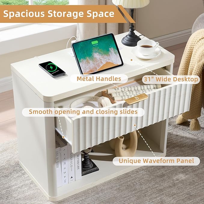 LEYAOYAO 31" Wide Fluted Nightstand Set of 2 with Charging Station, Oversized Extra Large 1 Drawer Night Stand with Golden Handle, White Wood Bedside Table Tall End Tables,for Bedroom, Living Room