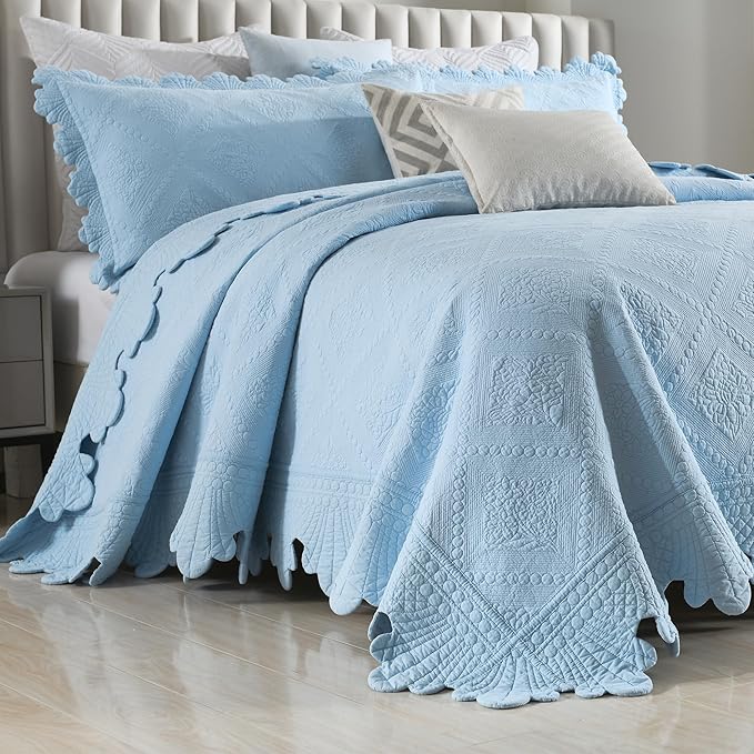 MarCielo 3-Piece 100% Cotton Oversized Bedspread Lightweight Quilt Coverlet Embroidery Farmhouse Bedding Set (TK Light Blue, Oversized Queen (100"x106"))