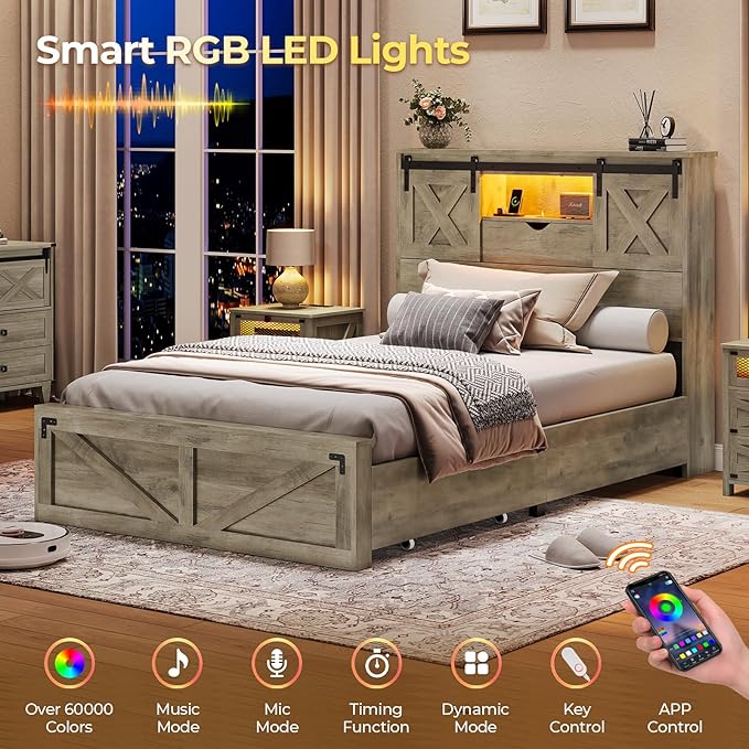 Hasuit Farmhouse Bed Frame Twin XL Size with 2 Storage Drawers, Wooden Platform Twin XL Bed with LED Lights and Charging Station, Rustic Headboard with Sliding Barn Door Storage Cabinets (Rustic Oak)