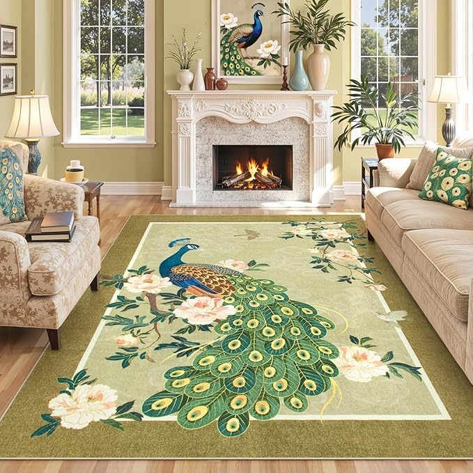 Lahome Peacock Washable Rugs 5x7, Soft 5x7 Rugs for Living Room Bedroom, Floral Vintage Non-Slip Low Pile Stain Resistance Carpet for Farmhouse Dining Room Office, Beige