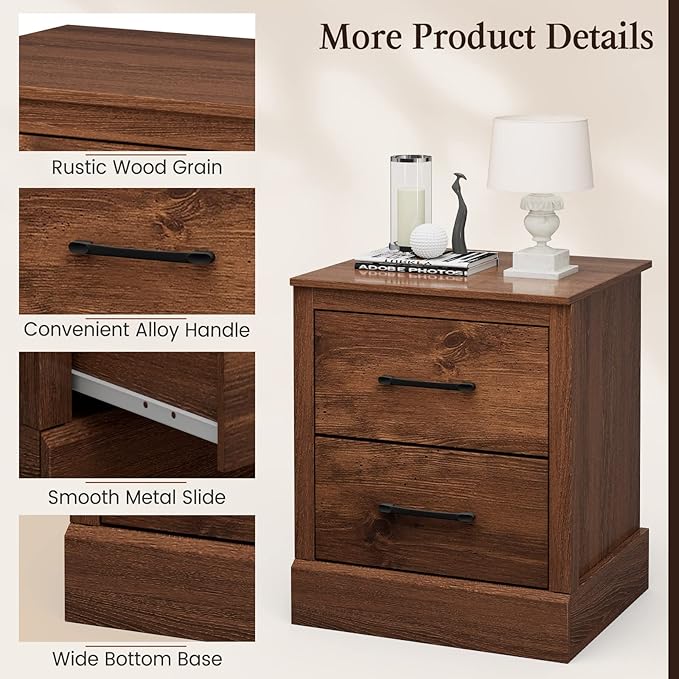 Giantex Farmhouse Nightstand Set of 2, Wood Bedside Table with 2 Storage Drawers, Compact Floor Night Stand, Walnut Accent Sofa Side Table for Bedroom