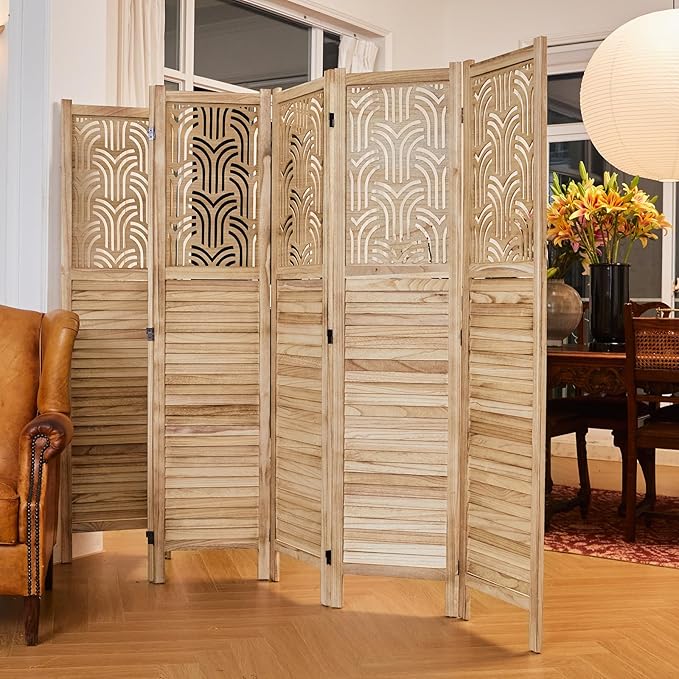 Svimi Folding Room Divider, 66.9 Inch 6 Panels Wood Carved Privacy Screens, Free Assembled Freestanding Portable Separation Wall for Home Office Bedroom (Natural)
