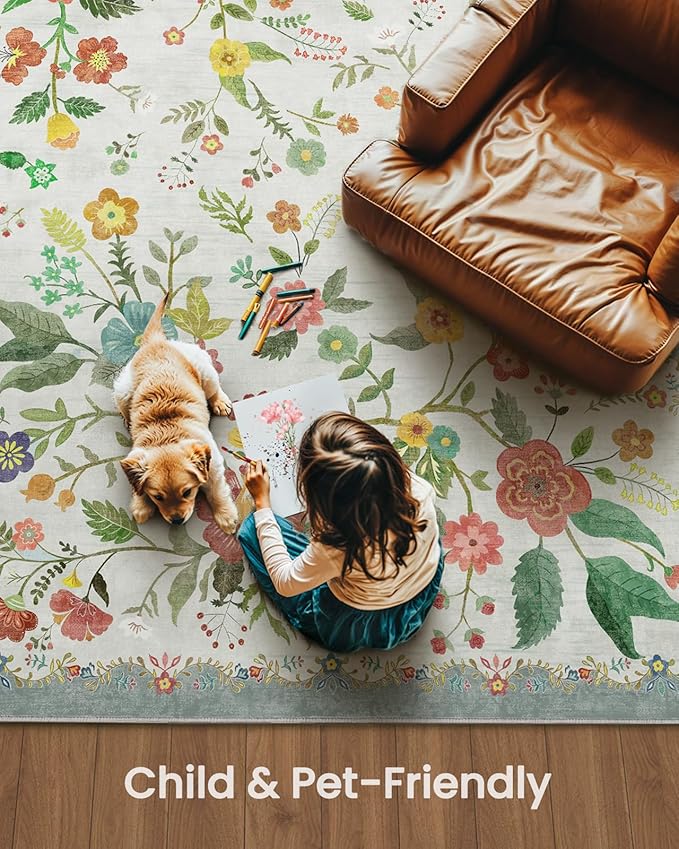 Amada 2x6 Washable Runner Rug, Non-Slip & Low-Profile Kitchen Area Rug with Durable Edge Binding, Boho Floral Pattern, Soft Long Entryway Runner Rugs for Bedroom & Hallway