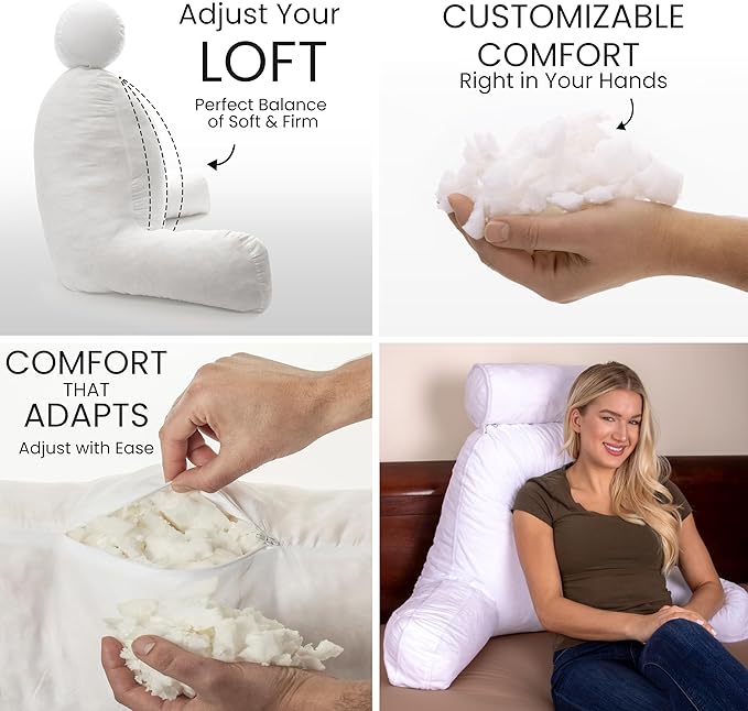 Husband Pillow XXL Aspen Edition - Adult Reading Bed Rest Pillow with Arms & Detach Neck Roll on Bungee Cord - Premium Memory Foam, Reversible 2 Sided Covers Micro Suede or Plush, White Dandelion