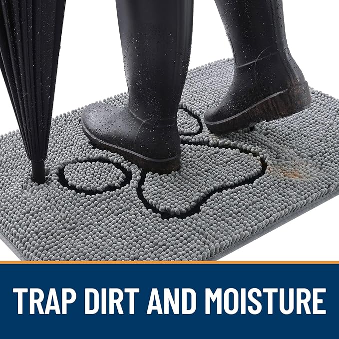OLANLY Dog Door Mat for Muddy Paws 30x20, Paw Print Design, Absorbs Moisture and Dirt, Absorbent Non-Slip Washable Doormat, Quick Dry Chenille Mud Mat for Dogs, Entry Indoor Entryway Carpet, Grey