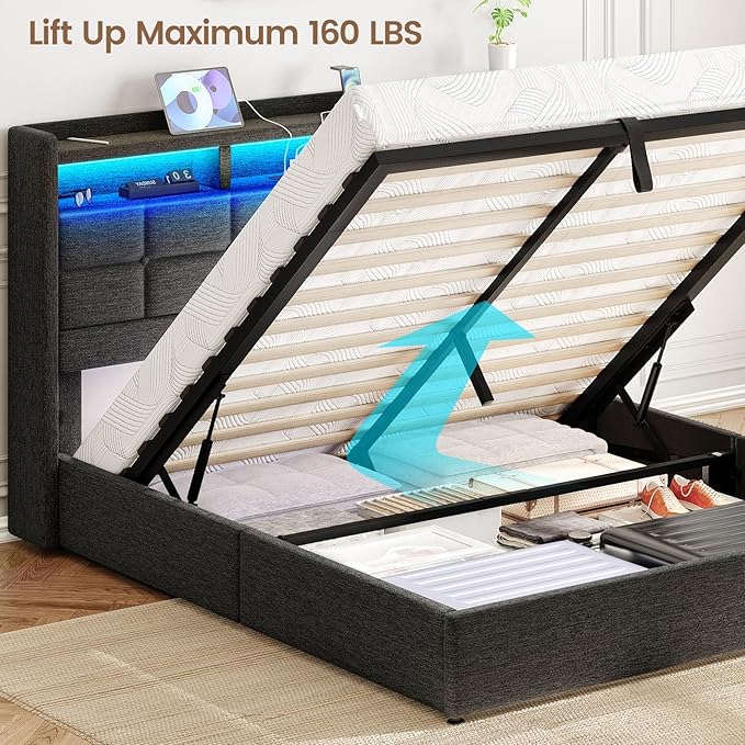 Lift Up Full Size Bed Frame with Storage, Upholstered Full Bed Frame with LED Lights Headboard and Charging Station, No Box Spring Needed, Easy Assembly - Dark Grey