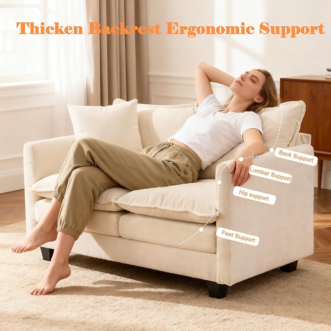 Loveseat Sofa Cloud Sofa Couch 50'', Modern Loveseats 2 Seat Couch 27" Deep Seat with 2 Pillows for Small Spaces Apartment Studio Office Bedroom Living Room 8834-BEIGE-1