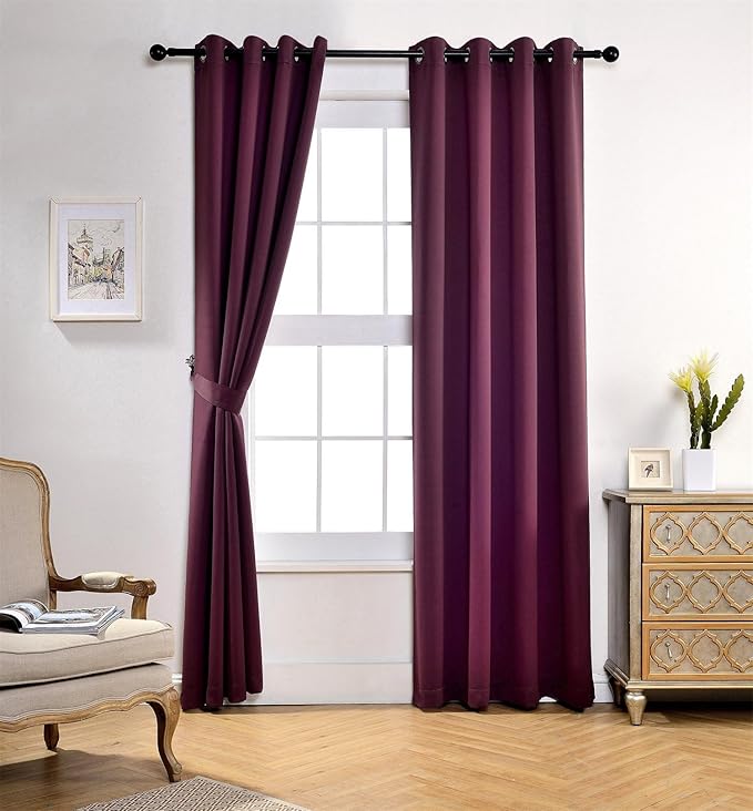 MIUCO Room Darkening Grommet Blackout Window Curtains Panels for Bedroom Set of 2 52x84 Inch Aubergine, Bonus 2 Tie Backs Included