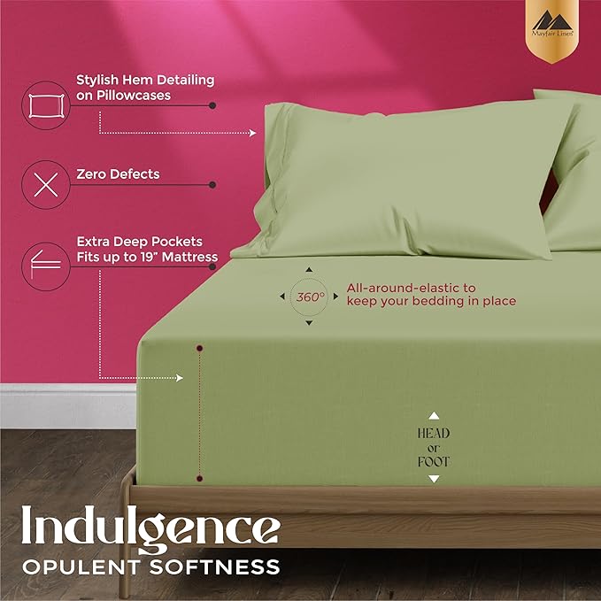 Mayfair Linen 100% Egyptian Cotton Sheets California King Size - 1200 Thread Count 4 PC Cal King Sheets Egyptian Cotton, Cooling Sateen Sheet, High Thread Count Sheet California King - Sage Green