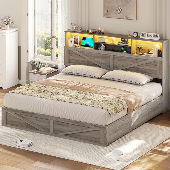 VIAGDO Farmhouse Bed Frame King Size with Bookcase Storage Headboard, Charging Station and LED Lights, Wooden King Bed Frame with 4 Drawers, Barn Door Design, No Box Spring Needed, No Noise, Grey