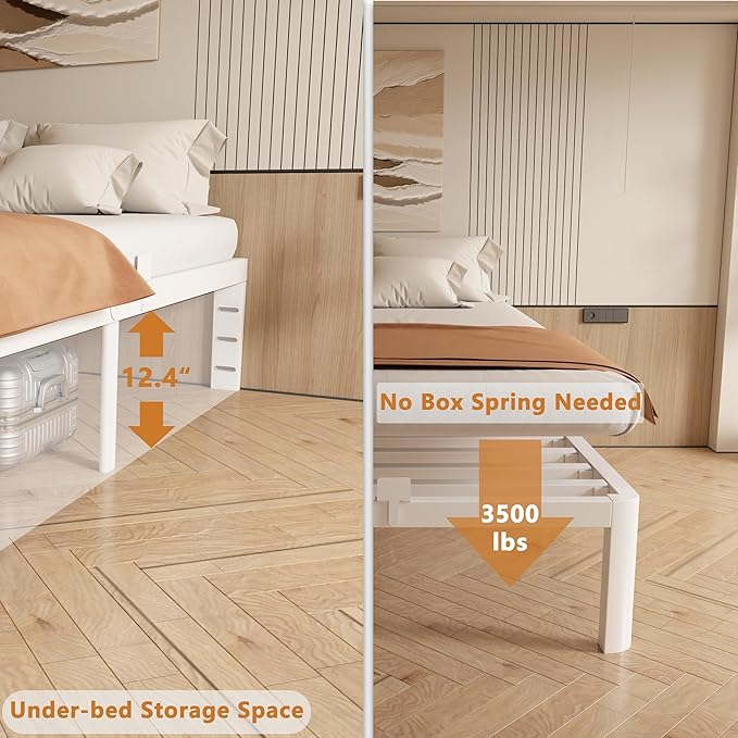 14 Inch King Bed Frame with Metal Gaskets, No Box Spring Needed, Heavy Duty Steel Support 3500 LBS, DIY Headboard, Easy Assembly, Anti-Slip Mattress Stopper, Round Corner Leg, White