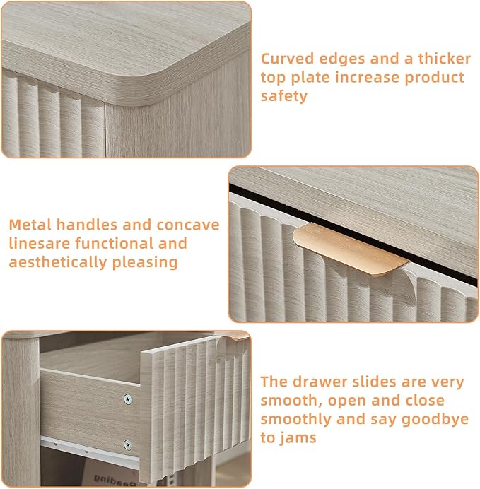 LEYAOYAO 23" Wide Fluted Farmhouse Night Stand Set of 2 with Charging Station, 1 Drawers Large End Table w/Metal Handle, LightGrey Nightstand Bedside Table,Wood Dresser for Bedroom, Closet