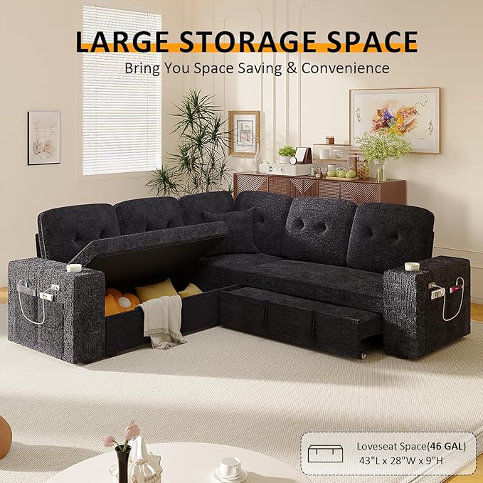 Modular Sectional Sleeper Sofa with Pull Out Bed, L Shaped 5 Seat Sectional Couches for Living Room, 84 Inch Sofa Bed with Adjustable Backrest | Hidden Storage | Wide Armrest | Navy Blue