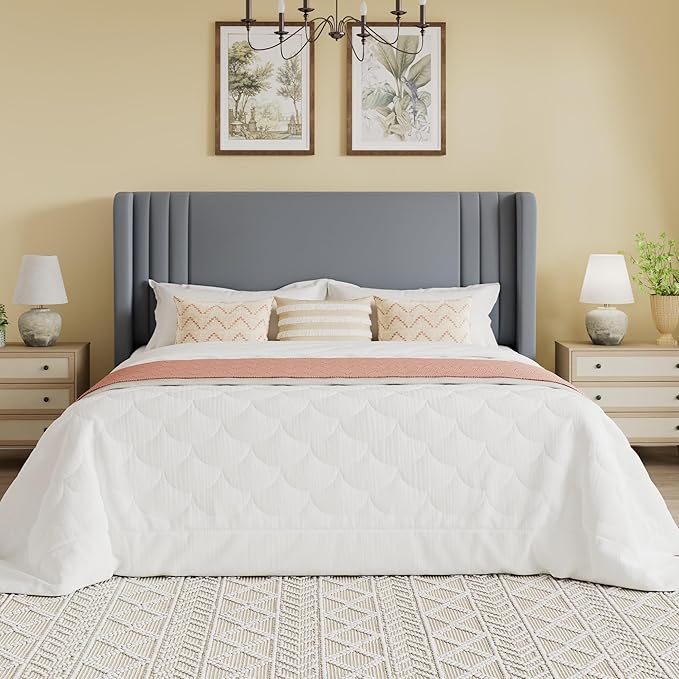 SHA CERLIN Full Size Velvet Upholstered Platform Bed Frame with Vertical Channel Tufted Wingback Headboard, Wooden Slats Support, Easy Assembly, Under Bed Storage, No Box Spring Required, Grey