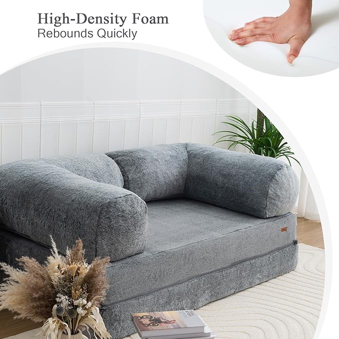 COMAX 4-in-1 Futon Sofa Bed, Queen Size Foldable Couch with L-Shaped Armrests, Convertible Sleeper Chair Bed, Comfortable Lounge Mattress for Living Room and Bedroom, Snow Grey