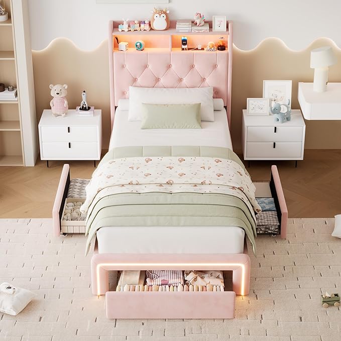 Twin LED Bed Frame with Storage Headboard & Charging Station, Velvet Fabric Platform Bed Frames with 3 Drawers, Button Tufted Upholstered, No Box Spring Needed, Pink