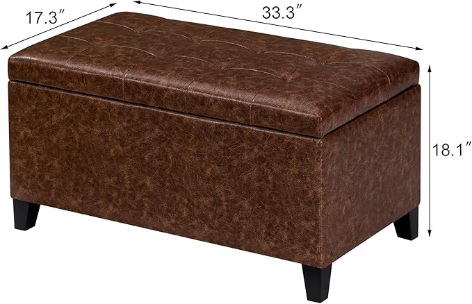 Asense Storage Ottoman Bench, Faux Leather Upholstered End of Bed Bench with Safety Hinge Wooden Legs, for Entryway Bedroom