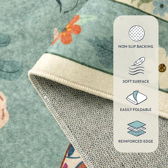 Lahome Insect Washable Round Rugs, Non-Slip Soft Round Rug 4ft Ultra-Thin, Small Boho Circle Carpet for Entryway Kitchen Bedroom Nursery Bathroom, Green