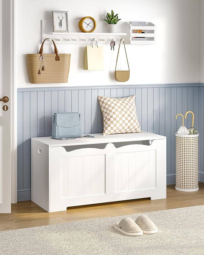 Hzuaneri 39.4" Storage Chest, Storage Bench Trunk with 2 Hinges, Wooden Box, Lift-Top Chest Organizer, Shoe Bench for Entryway, Bedroom, Living Room, White 01003XSB