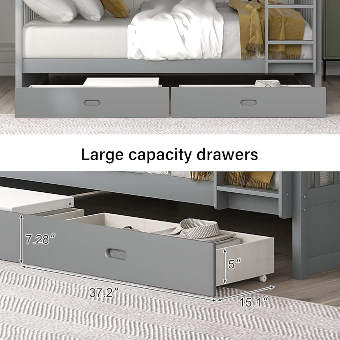 Merax Wood Bunk Bed with Drawers,Convertible Wood Bunk Bed with Ladders and Two Storage Drawers,Solid Wood Detachable Bed Frame with Ladders,Full Over Full,Grey