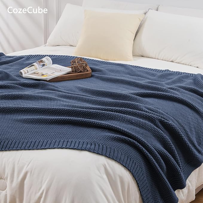 CozeCube Blue Throw Blanket for Couch, Soft Cozy Cable Knit Throw for Bed Sofa Living Room, Lightweight Warm Decorative Farmhouse Christmas Blanket, 50"x60", Dusty Blue