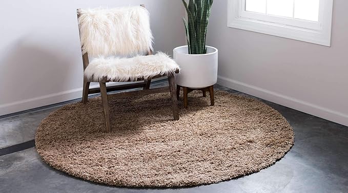 Unique Loom Solid Shag Collection Area Rug (7' 10" Round, Sandy Brown)