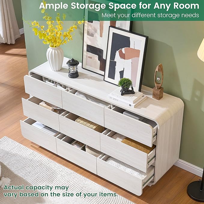 White Dressers of 9 Drawers, Chest Dresser with Deep Drawers, Modern Dresser Closet for Bedroom, Curved Drawer with Large Storage, 57’’ Wide.