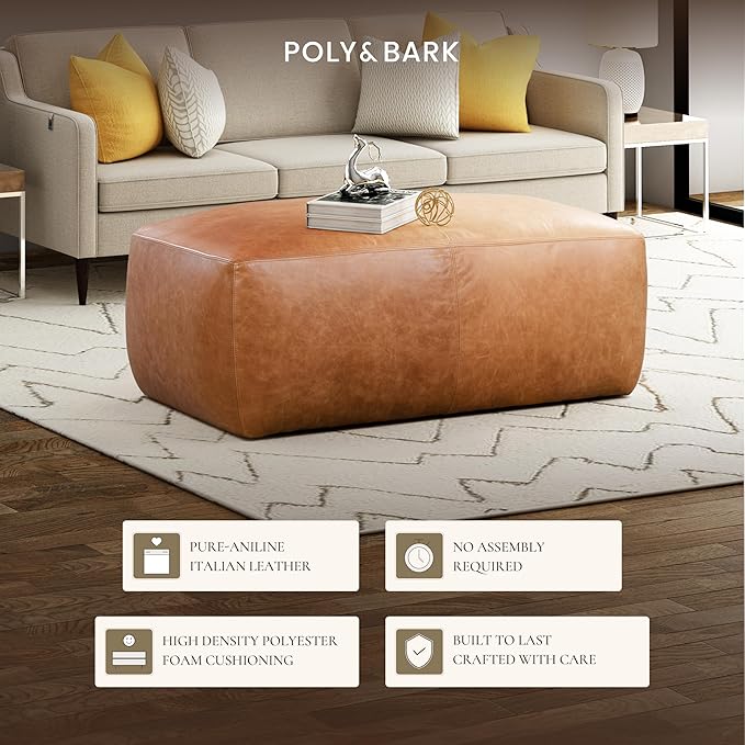POLY & BARK Denver Ottoman – 43" Large Pouf with Feather-Down Topper – Full-Grain Leather Upholstered Pouf Ottoman for Living Room – Vintage Italian Leather in Cognac Tan