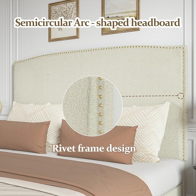 Full Size Bed Frame with Headboard, 56" Upholstered Platform Bed with Nailhead Trim, Soft Boucle Fabric, No Box Spring Needed, Easy Assembly, Cream