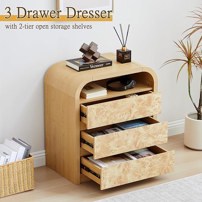 3 Drawer Dresser for Bedroom, Modern Chest of Drawers with Open Shelf, Burl Wood Tall Nightstand End Table for Living Room, Hallway (Natural)