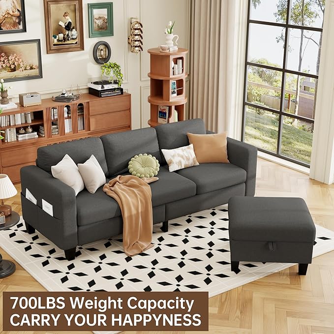 ZeeFu Sectional and Sofa Couches for Living Room - 78'' 3 Seater L-Shaped Modular Couch with Storage Ottoman - Modern Linen Fabric Upholstered Sofa Set for Small Space Apartment Office