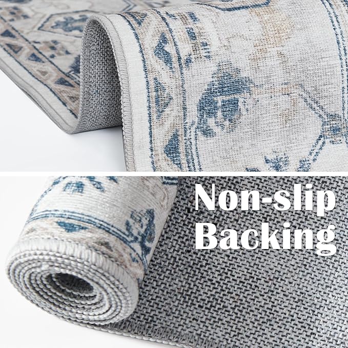 jinchan Lima Runner Rug 2x12 Long Hallway Runner Rug Thin Vintage Washable Kitchen Carpet with Rubber Backing Floral Print Floor Cover Indoor Laundry Room Bedroom Stairway (2x12ft, Blue)