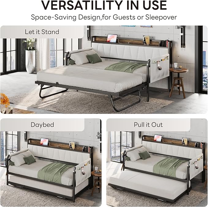LIKIMIO Daybed with Trundle Bed, Twin Bed Frame with Storage Headboard and Charging Station, Sofa Day Bed with Strong Supports for Living Room, Bedroom, and Guest Room, Beige
