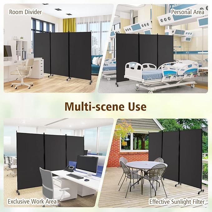 GOFLAME 3 Panel Folding Room Divider, 6FT Rolling Privacy Screen with Lockable Wheels, Portable Room Partition Screen, Freestanding Wall Divider and Separator for Home Office, Grey