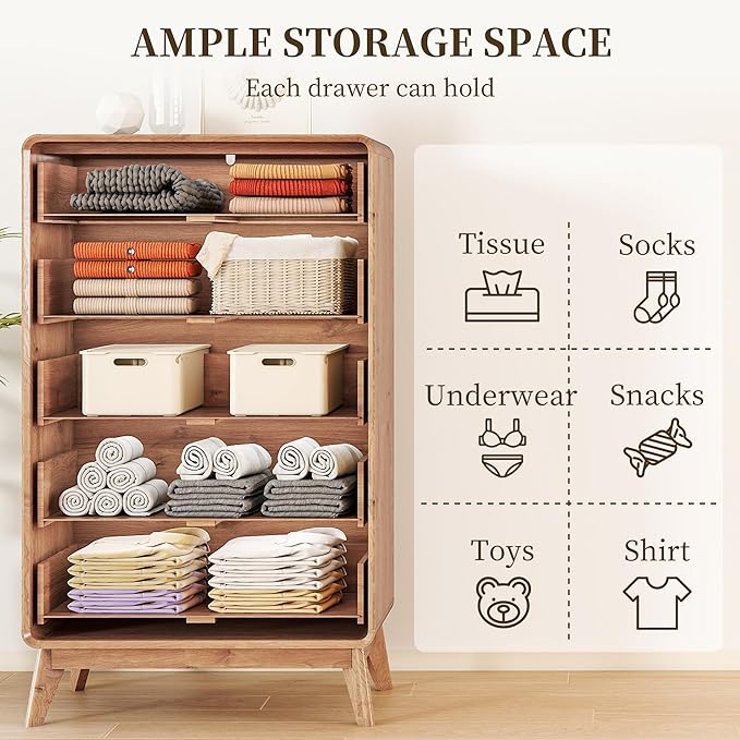 50" Tall Dresser for Bedroom, Vertical Dressers with 5 Drawers and Curved Profile Handleless Design, Chest of Drawers with Natural Texture for Living Room, Hallway and Entryway,Walnut