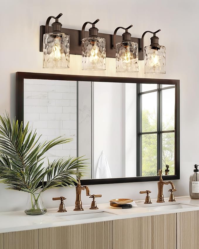 Bathroom Vanity Light Fixtures 4-Light Hammered Glass Modern Wall Mounted Over Mirror Oil Rubbed Bronze - VL01ORBH-4