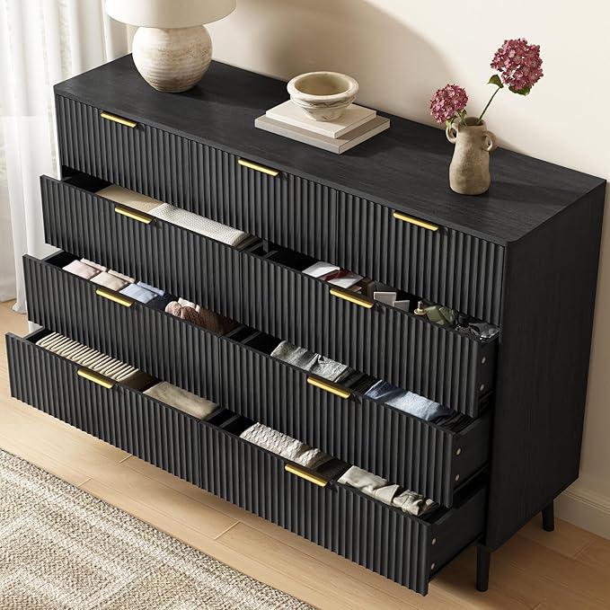 CARPETNAL Fluted 9 Drawer Dresser for Bedroom, 55" Wide Wooden Chest of Drawers with Rounded Corners, Gold Handles, Modern Storage Organizer for Bedroom, Hallway(Black)