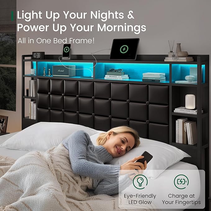 LARMACE King Size Bed Frame with 4 Storage Drawers and Bookcase Headboard, Faux Leather Upholstered, Wooden Platform Bed Frame with Charging Station and LED Lights, No Box Spring Needed, Black