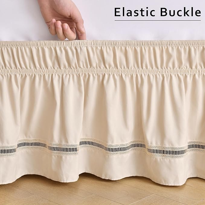 MIYE Wrap Around Ruffled Lace Bed Skirt, Elastic Dust Ruffle with Adjustable Belts, Easy to Put On, Bed Frame Cover, Machine Washable (Ruffled Lace/Light Beige, King/Queen-18 Drop)